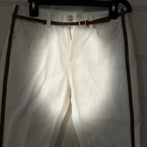 Burberry White Fitted Pants With Brown Leather Trim